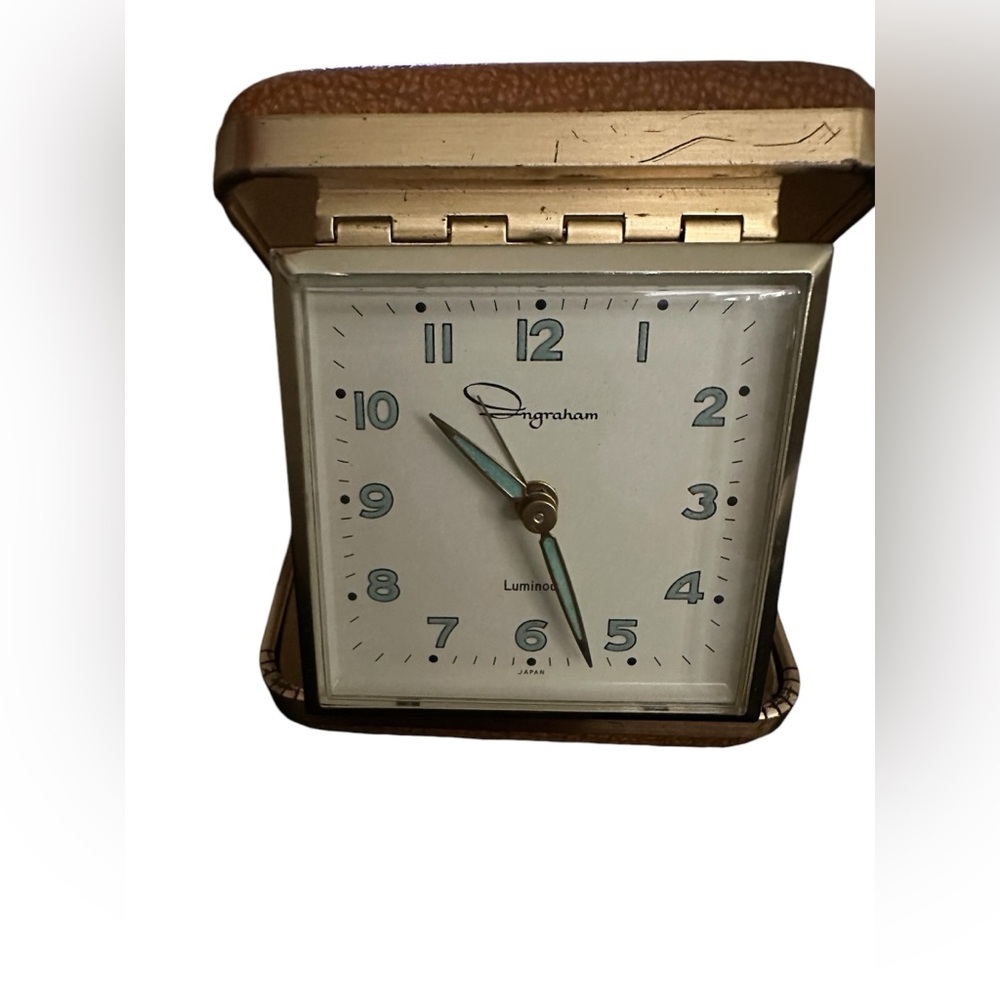 MCM Travel Alarm Clock INGRAHAM LUMINOUS-Wind up flip open case-Vintage works - Picture 7 of 7